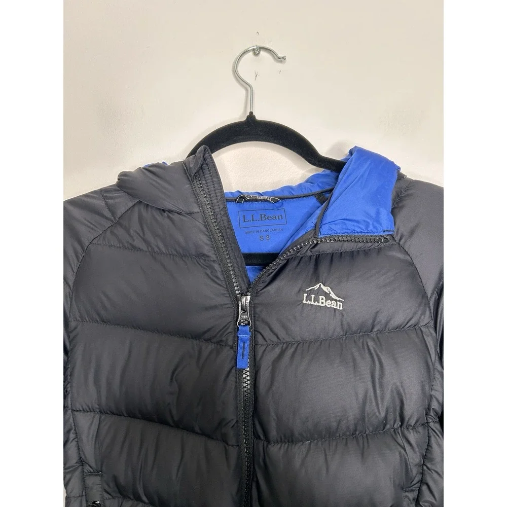 L.L. Bean 650 Fill Down Hooded Jacket Youth Black Stowaway Downtek Size Small 8